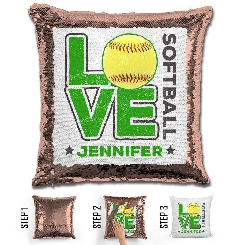 Personalized LOVE Softball Magic Sequin Pillow