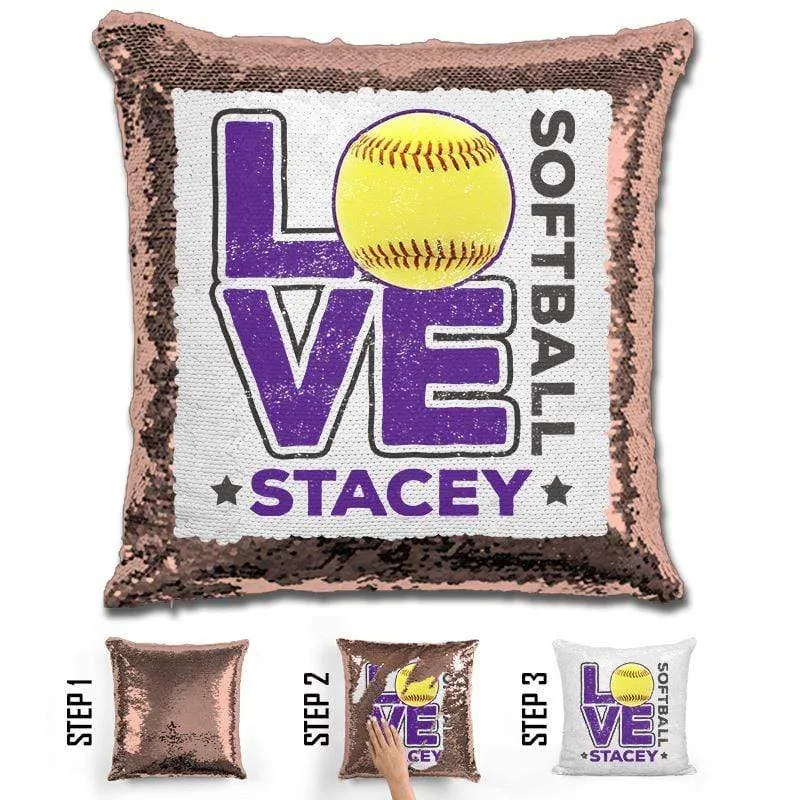 Personalized LOVE Softball Magic Sequin Pillow