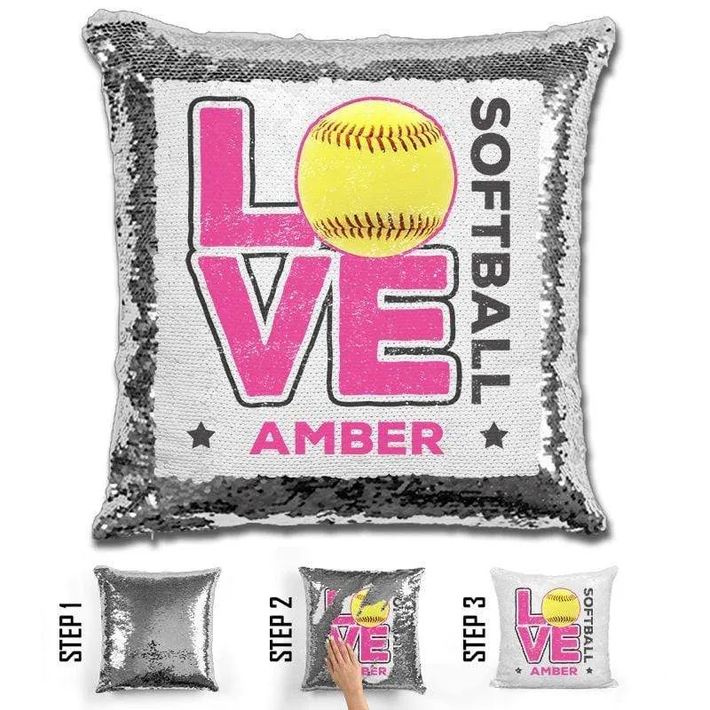 Personalized LOVE Softball Magic Sequin Pillow