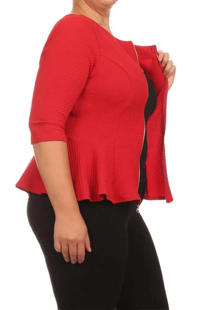 Plus Size Elegant Textured Peplum Red Jacket