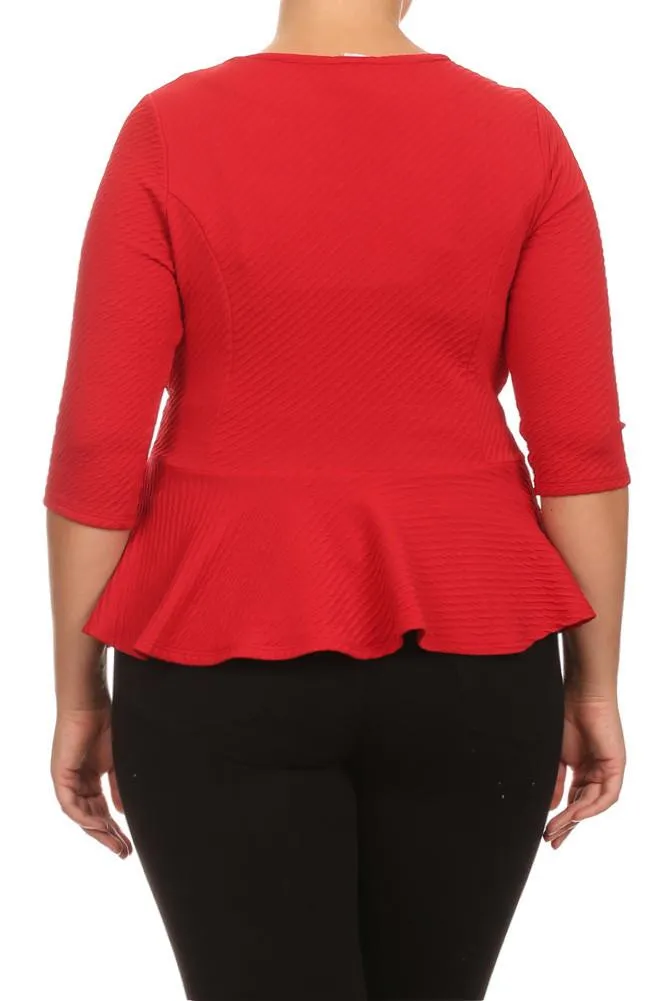 Plus Size Elegant Textured Peplum Red Jacket