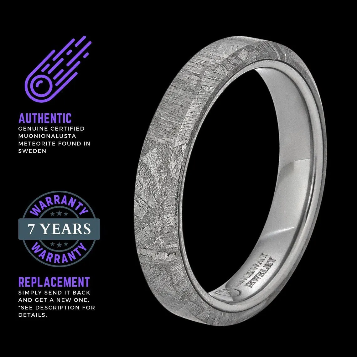 Real Muonionalusta Meteorite Ring with Tungsten – 4mm Comfort Fit Wedding Ring Highly Durable Tungsten Band FREE ENGRAVING