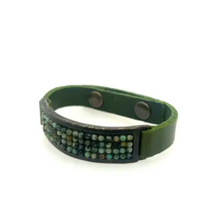 Rebel Genuine Italian Leather, Antique Brass Finish and African Turquoise ID Bracelet Cilantro Green