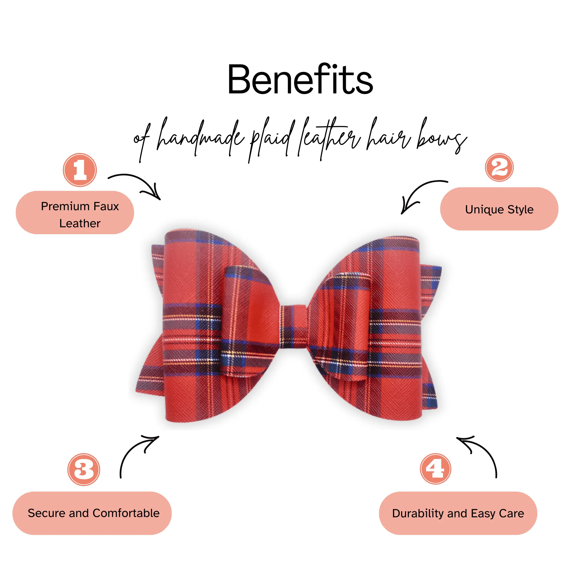 Red Plaid | Faux Leather Hair Bow