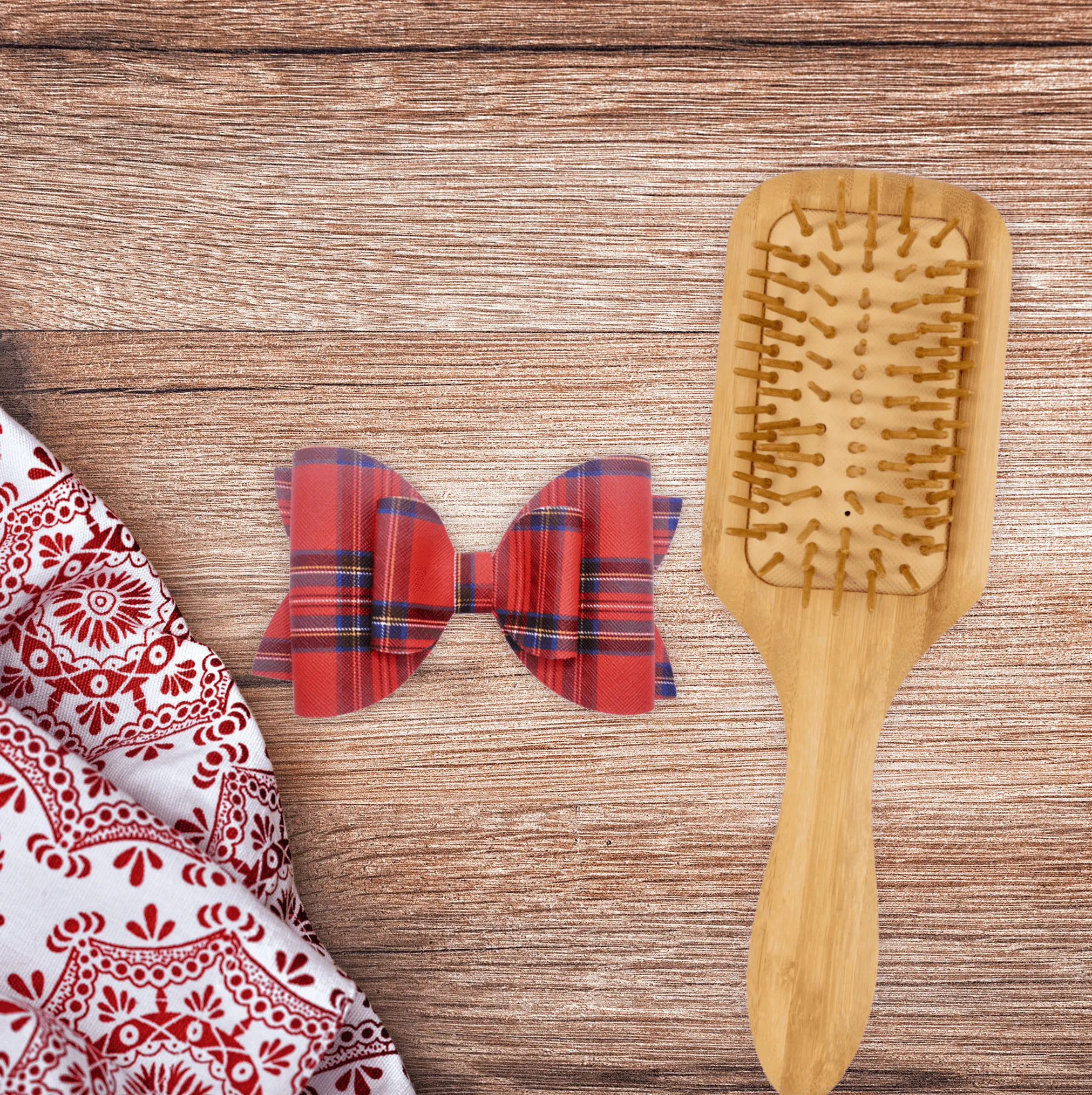 Red Plaid | Faux Leather Hair Bow