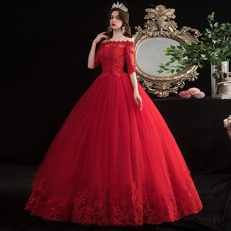 Red Wedding Dresses Elegant Boat Neck Vestido De Noiva Classic Lace