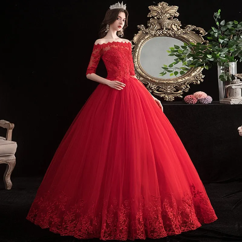 Red Wedding Dresses Elegant Boat Neck Vestido De Noiva Classic Lace