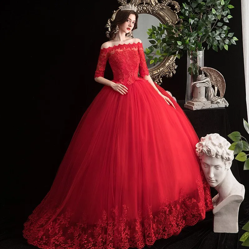 Red Wedding Dresses Elegant Boat Neck Vestido De Noiva Classic Lace
