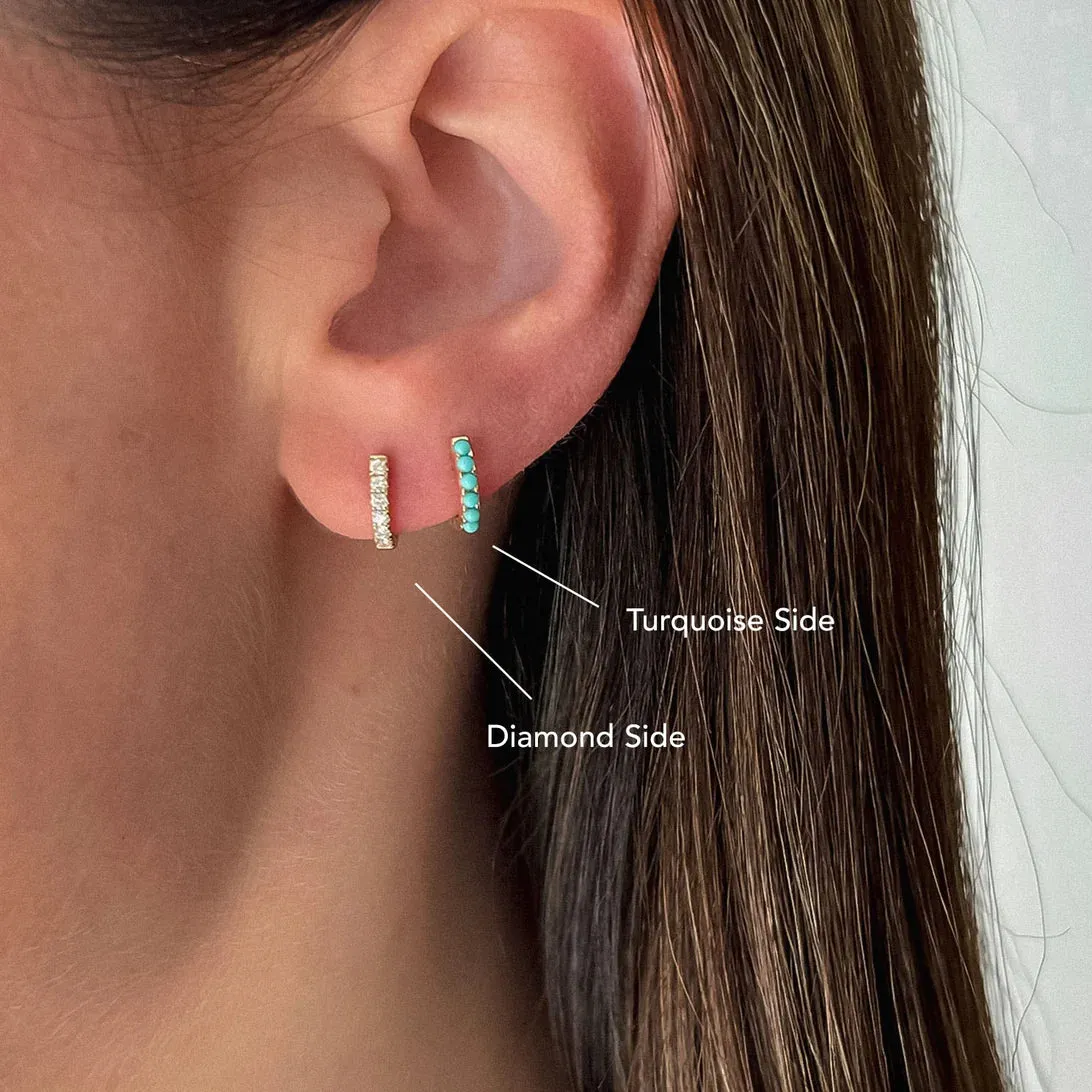 REVERSIBLE DIAMOND & TURQUOISE MINI HUGGIE EARRING