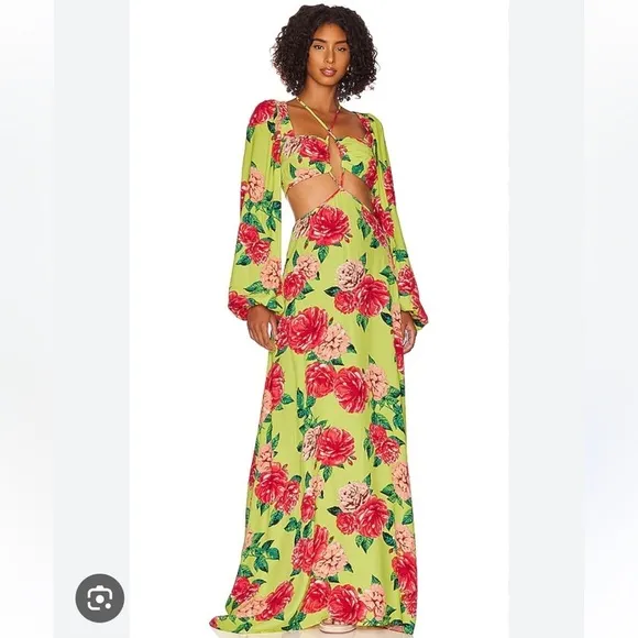 Revolve AFRM Bekah Dress in Lime Rose Garden maxi cut out size medium