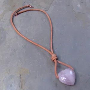 Rose Quartz Heart Pendant on Leather with Copper Clasp