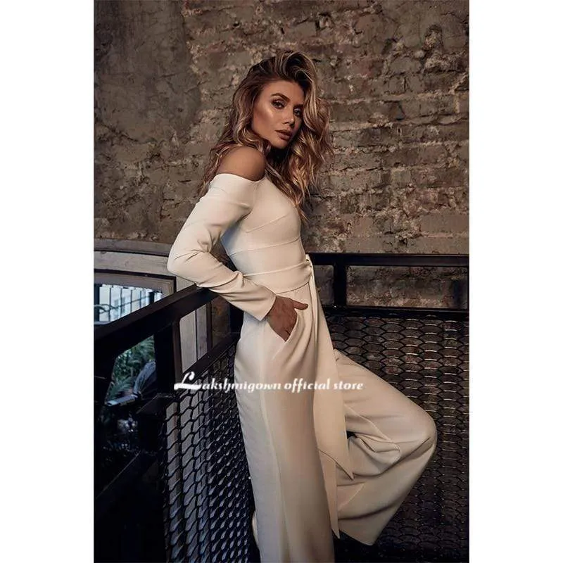 Roycebridal Elegant Satin Boat Neck Wedding Dress Simple Long Sleeves