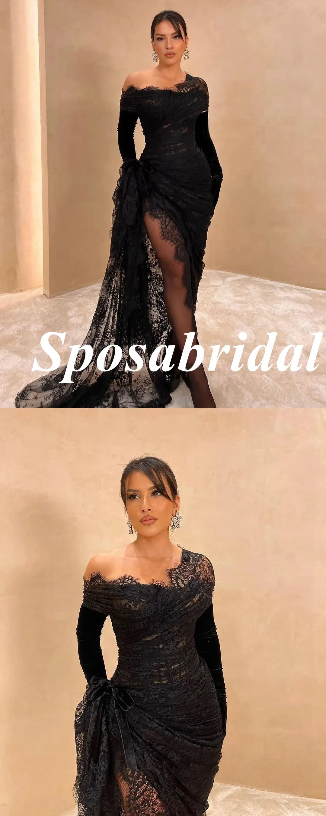 Sexy Black Tulle And Lace Off Shoulder Side Slit Mermaid Long Prom Dresses, PD3793