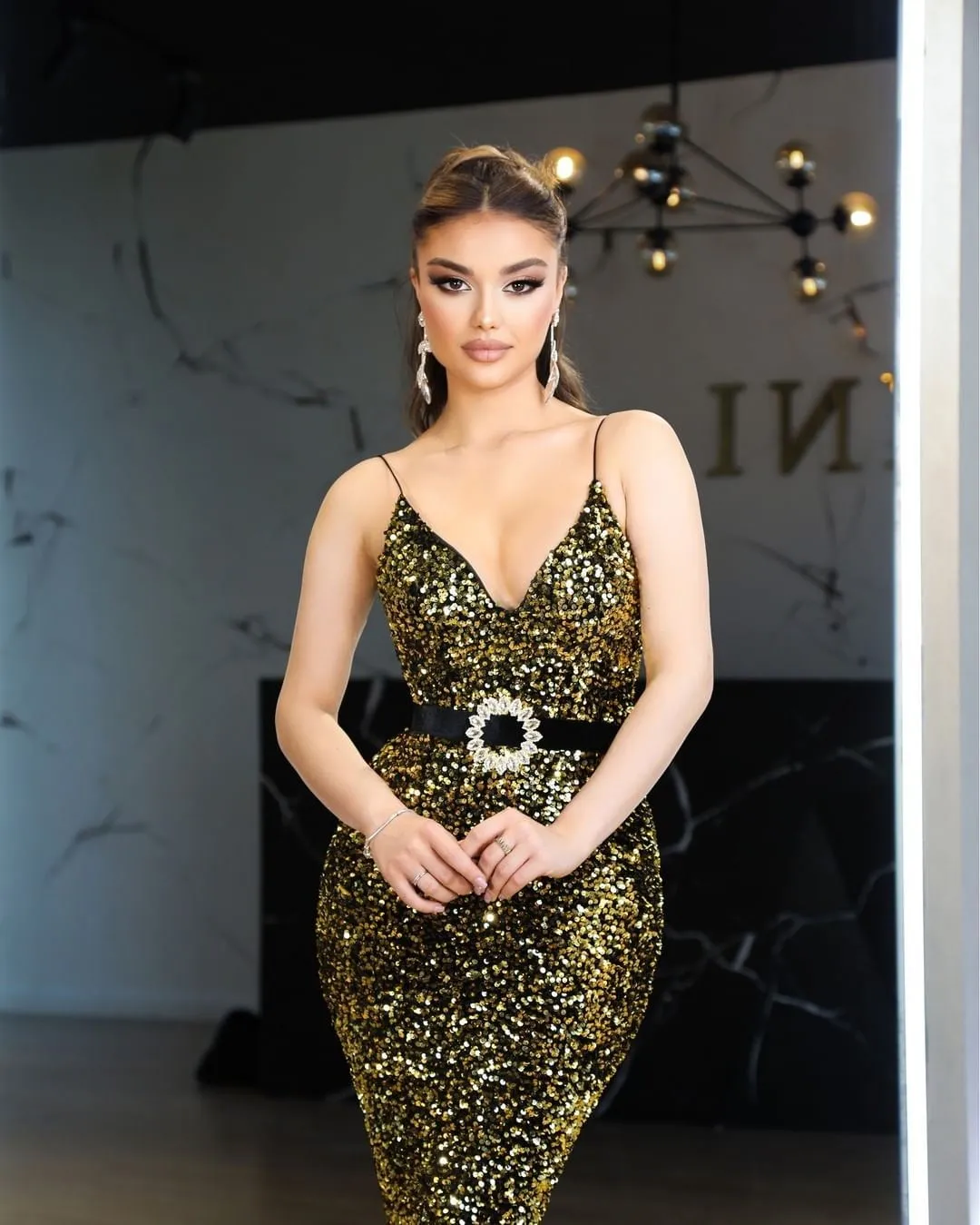 Sexy V-neck Mermaid Sequin Elegant Prom Dresses,SFPD0162