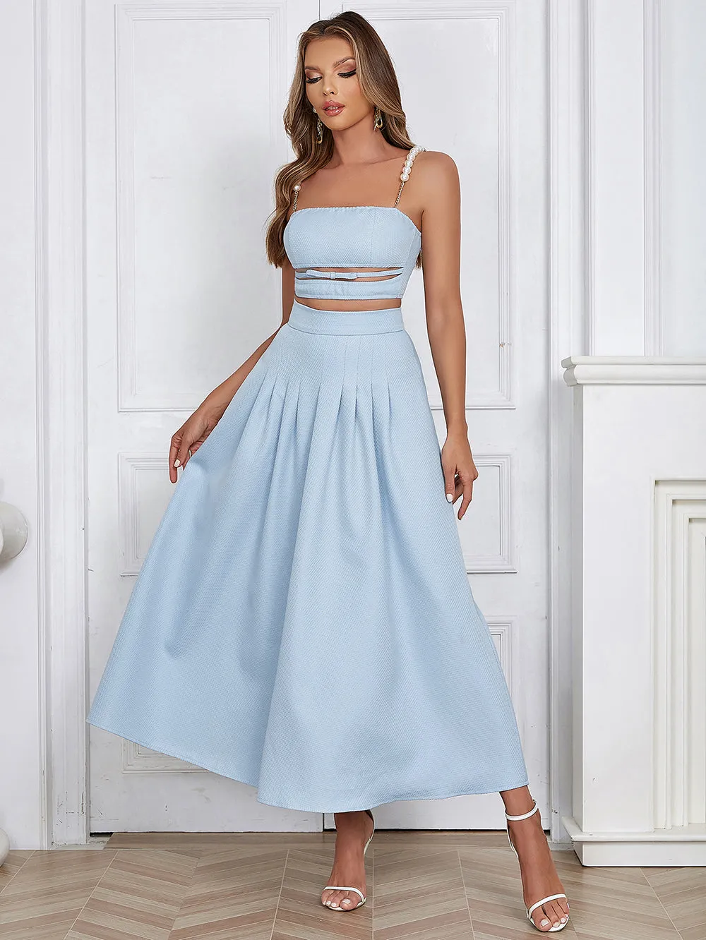 Strappy Sleeveless Pearl Strap Maxi Bodycon Set HB02620