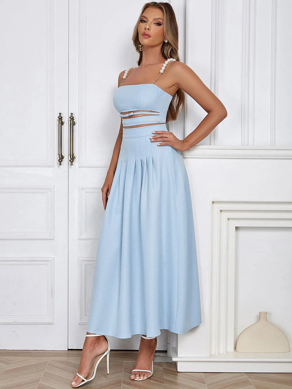 Strappy Sleeveless Pearl Strap Maxi Bodycon Set HB02620