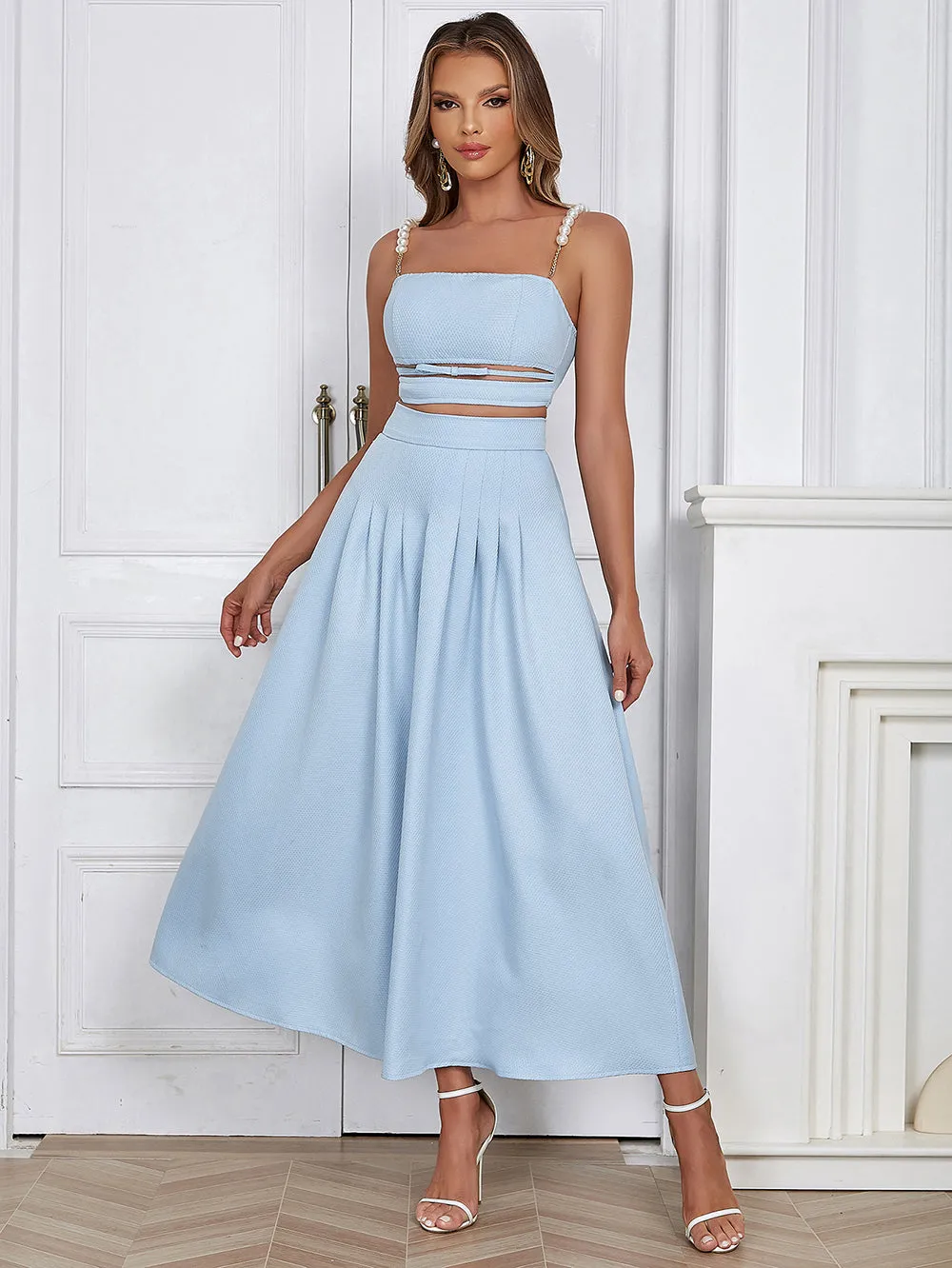 Strappy Sleeveless Pearl Strap Maxi Bodycon Set HB02620
