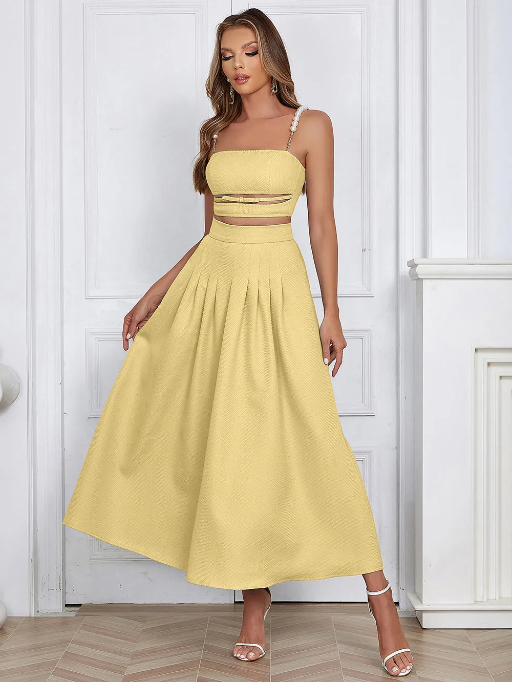 Strappy Sleeveless Pearl Strap Maxi Bodycon Set HB02620