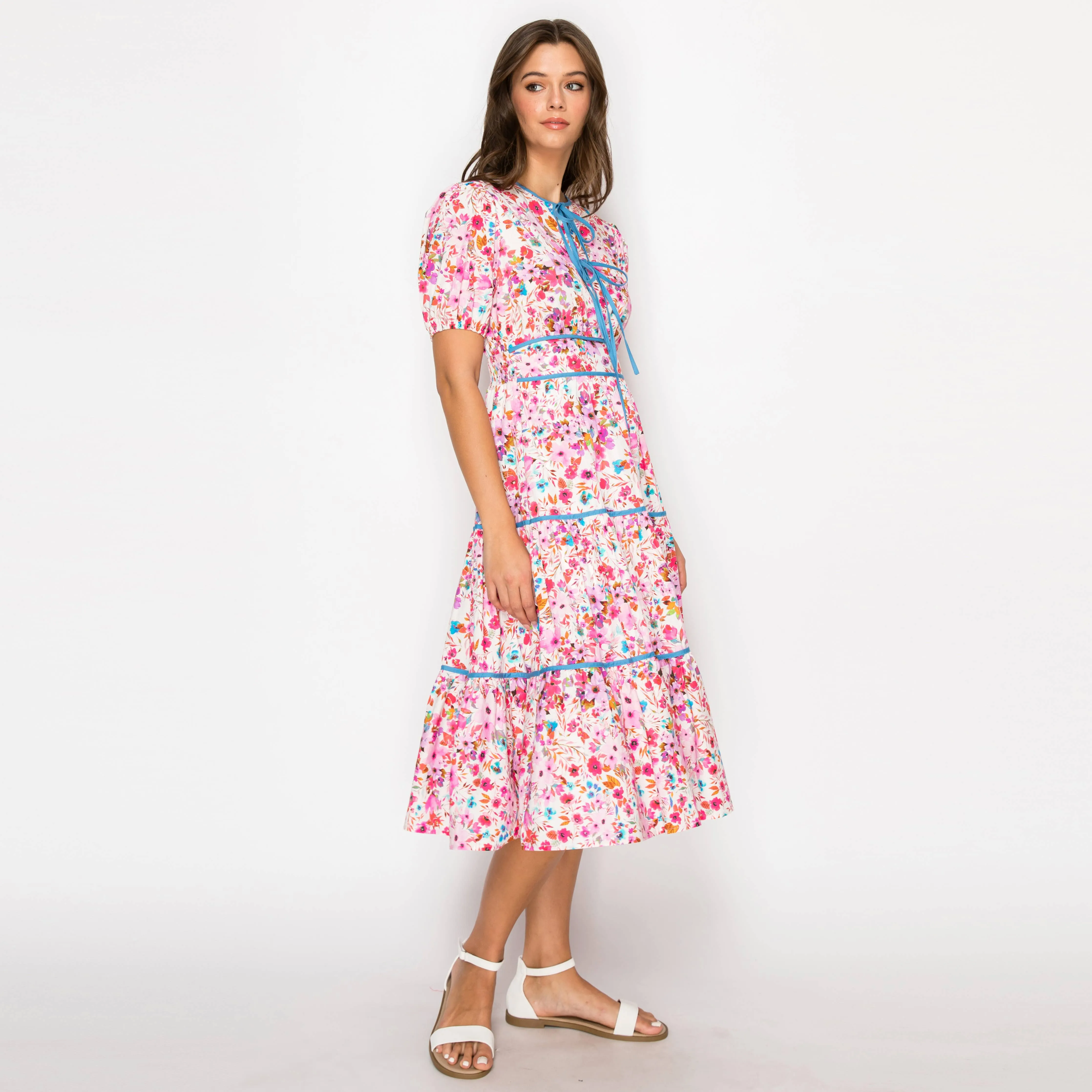 Taryn Double Bow Tie Midi Dress with Wild Flower Print