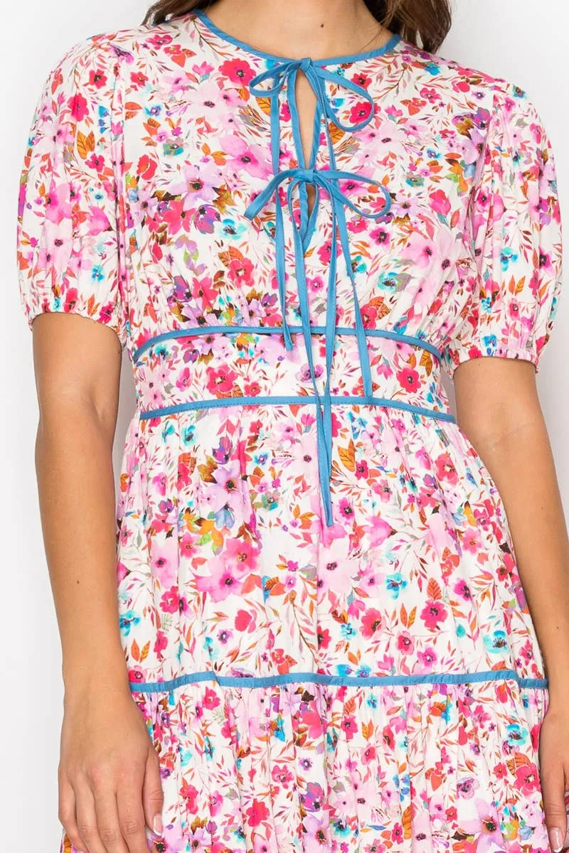 Taryn Double Bow Tie Midi Dress with Wild Flower Print
