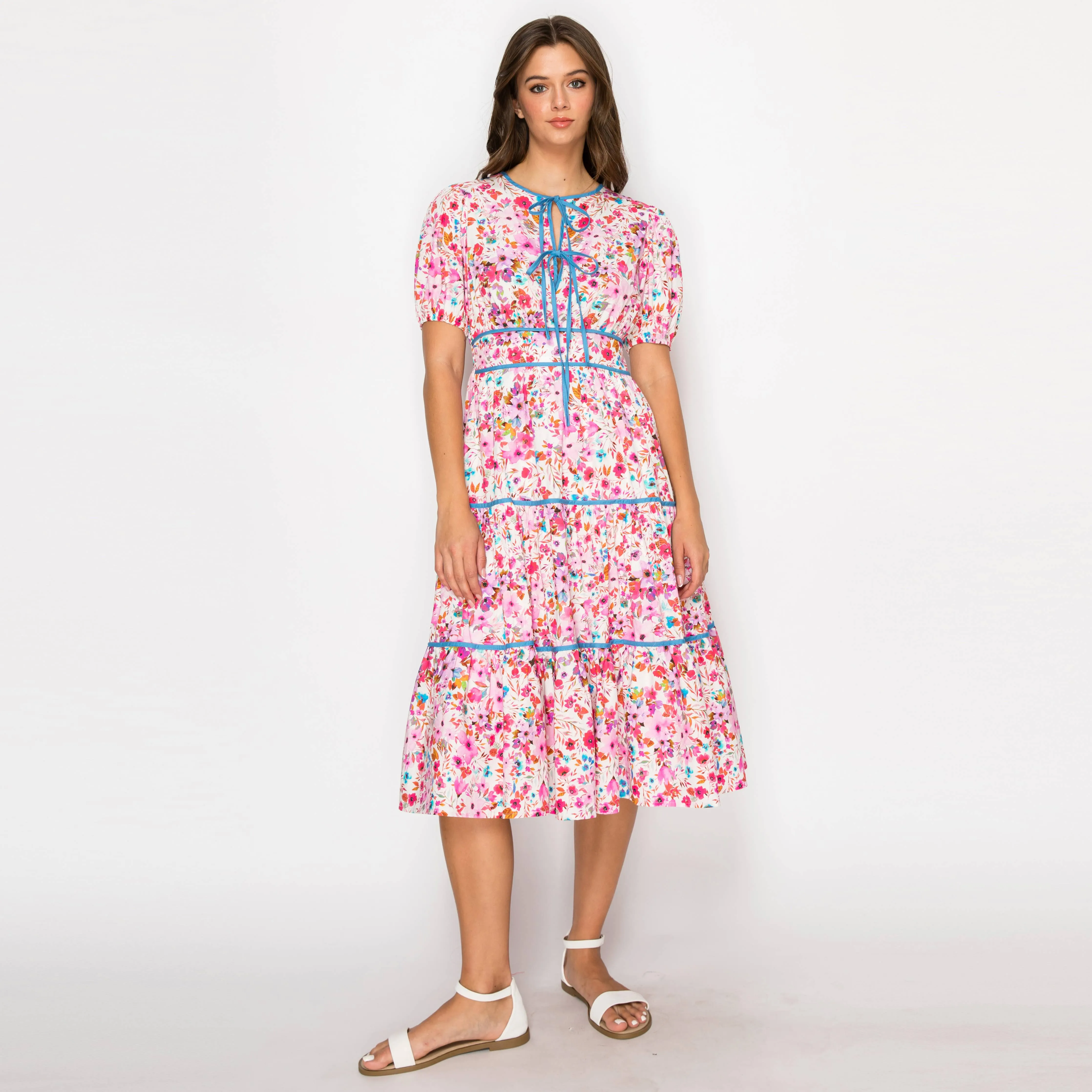 Taryn Double Bow Tie Midi Dress with Wild Flower Print