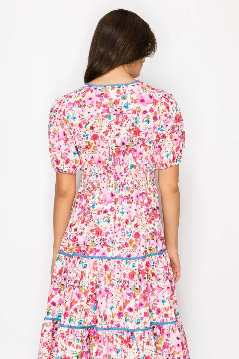 Taryn Double Bow Tie Midi Dress with Wild Flower Print
