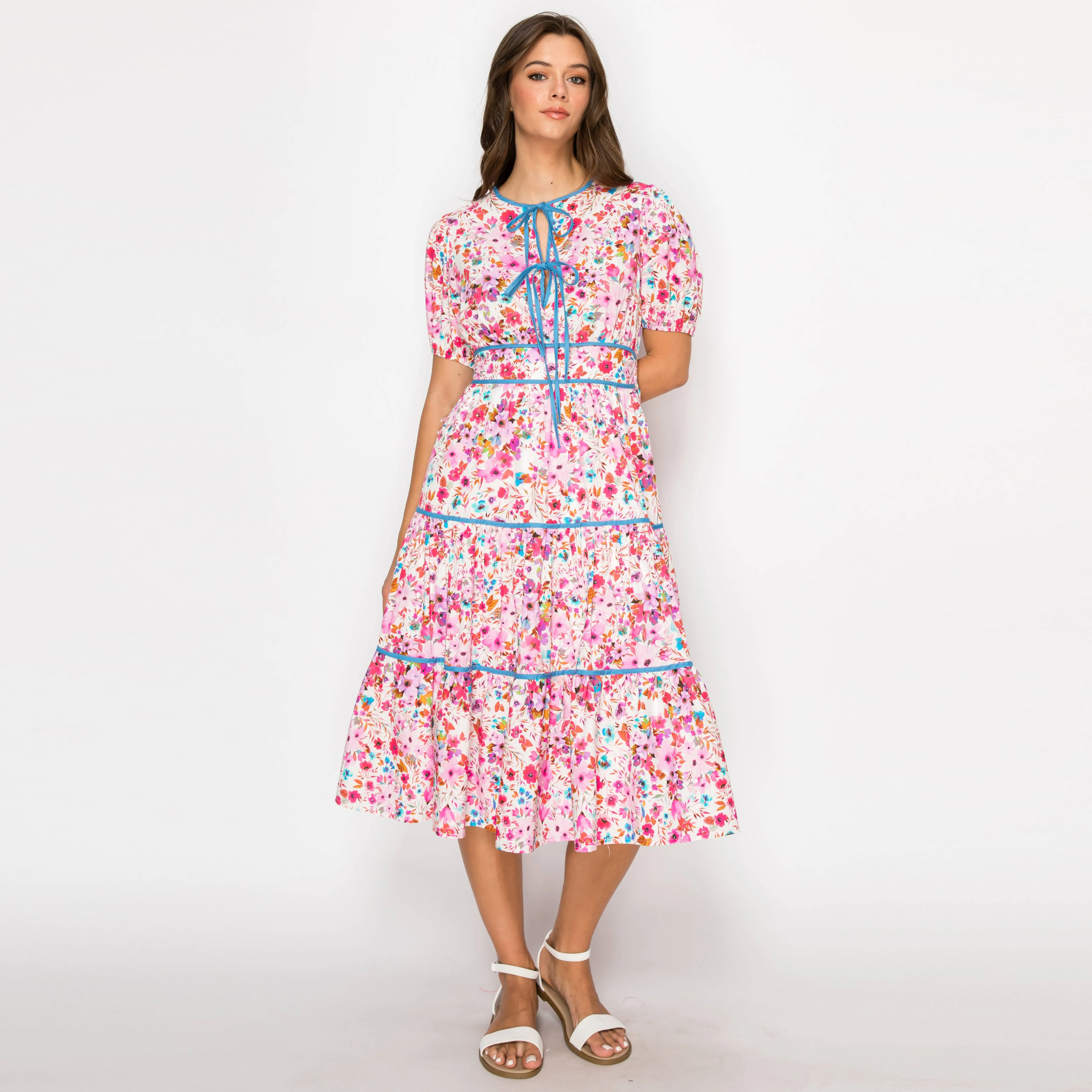 Taryn Double Bow Tie Midi Dress with Wild Flower Print