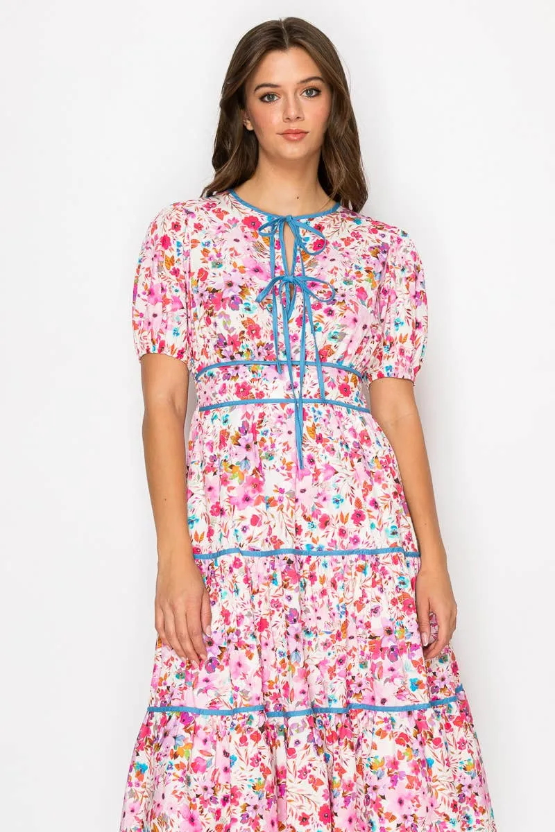 Taryn Double Bow Tie Midi Dress with Wild Flower Print