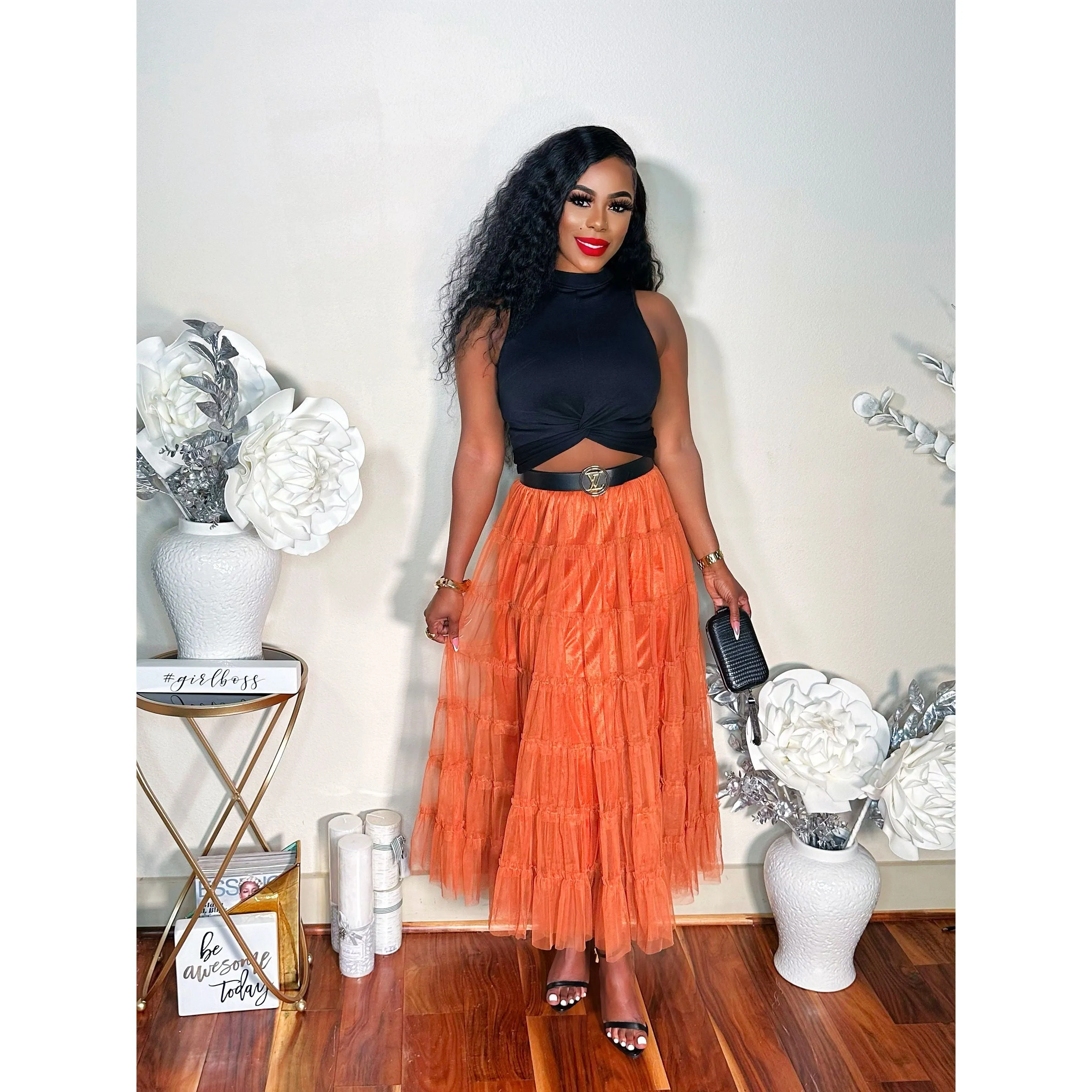 THINK TULLE MIDI SKIRT (RUST)