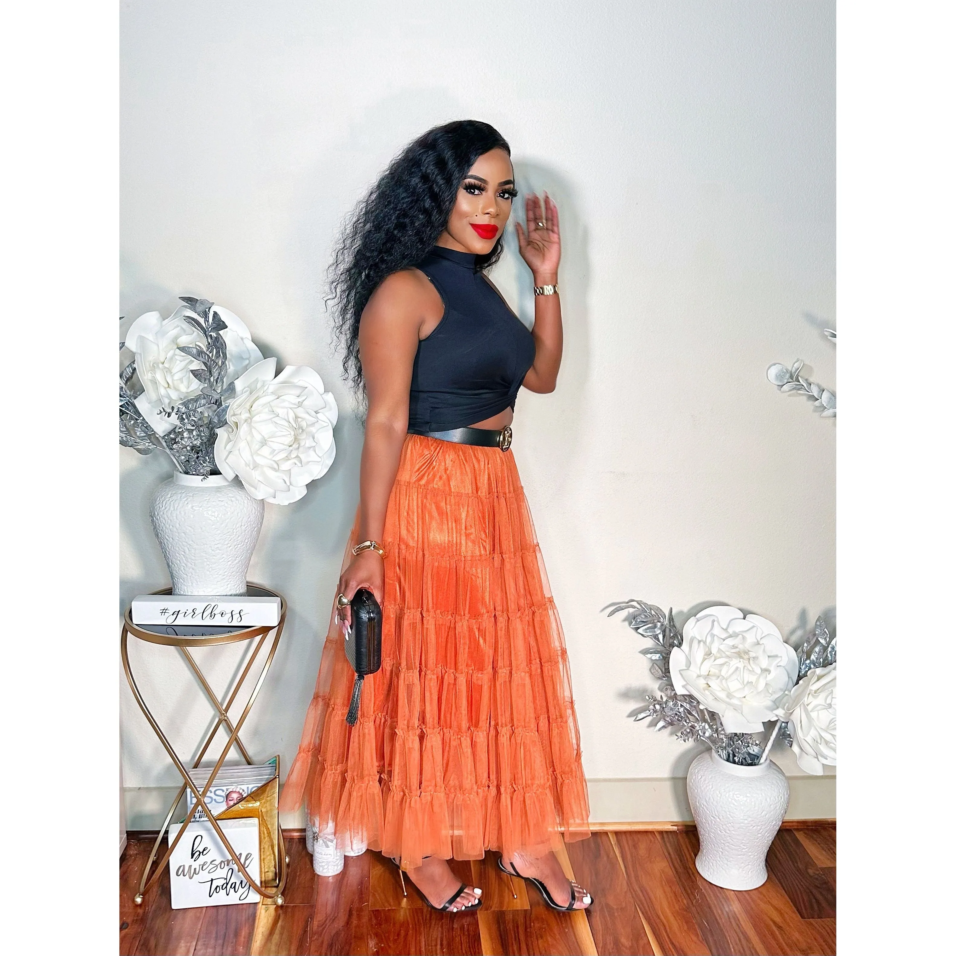 THINK TULLE MIDI SKIRT (RUST)