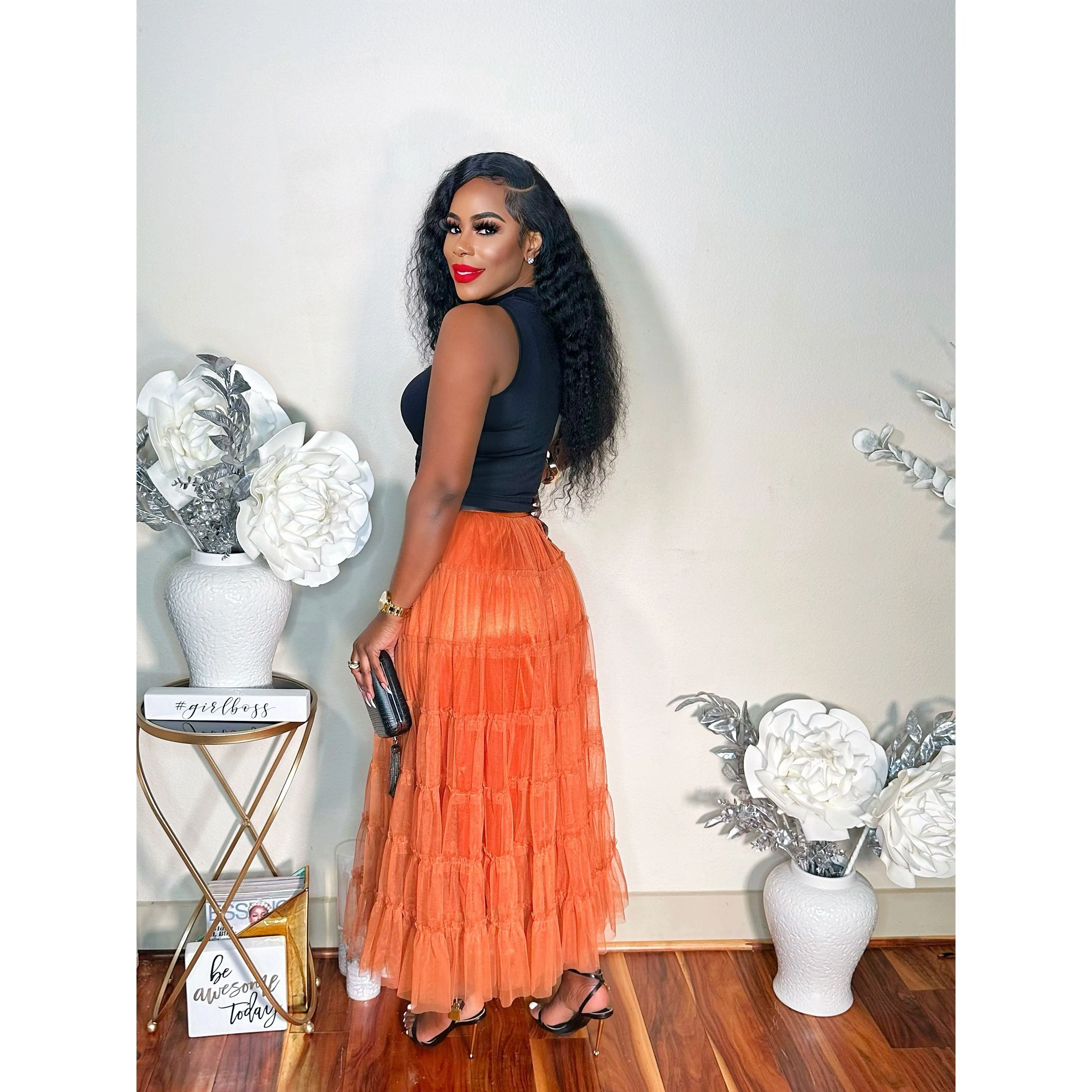 THINK TULLE MIDI SKIRT (RUST)