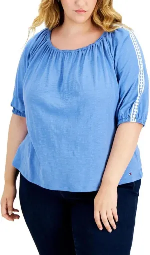 Tommy Hilfiger Plus Bubble Sleeve Boat Neck Pullover Top W2FH0623 Blue Haze 3X