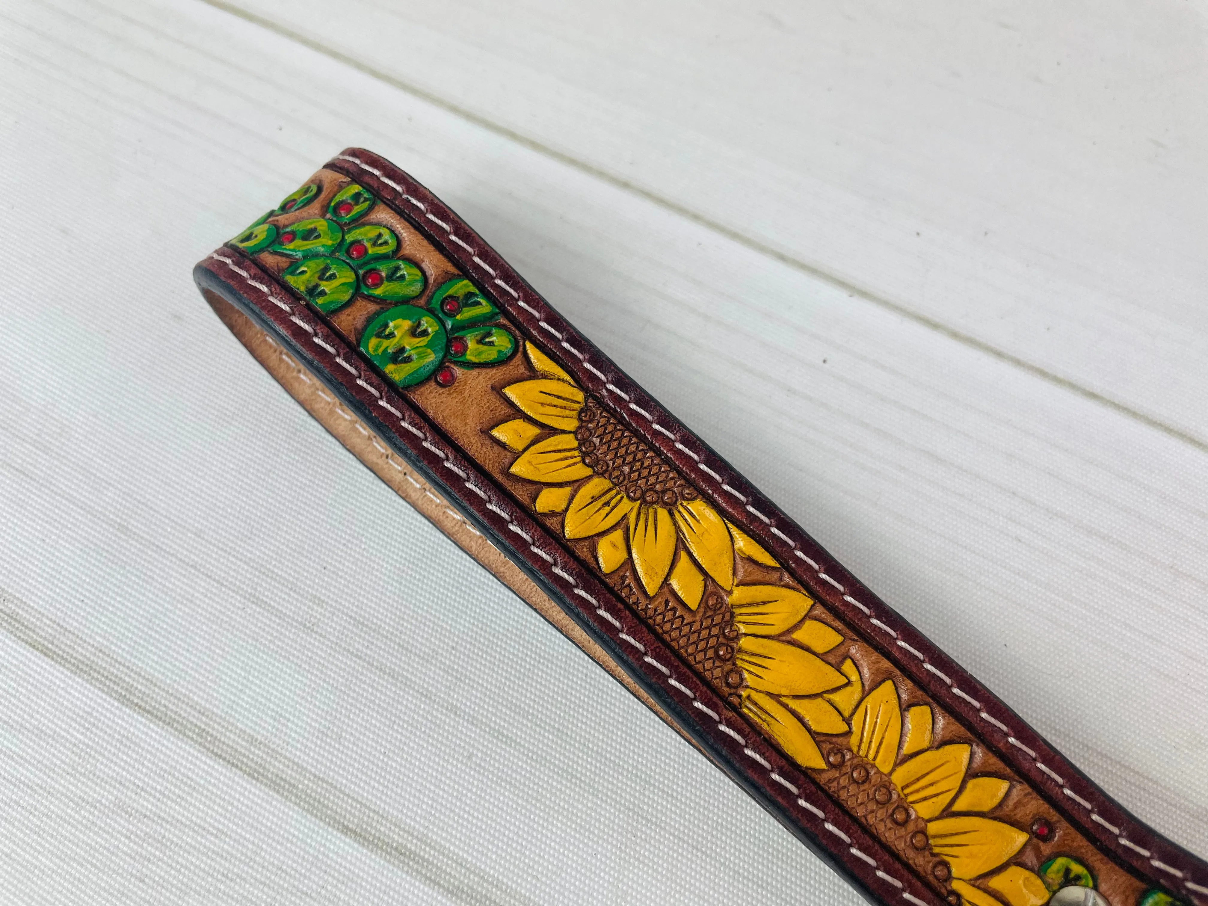 Triple Sunflower Cactus Tooled Wristlet Leather Keychain