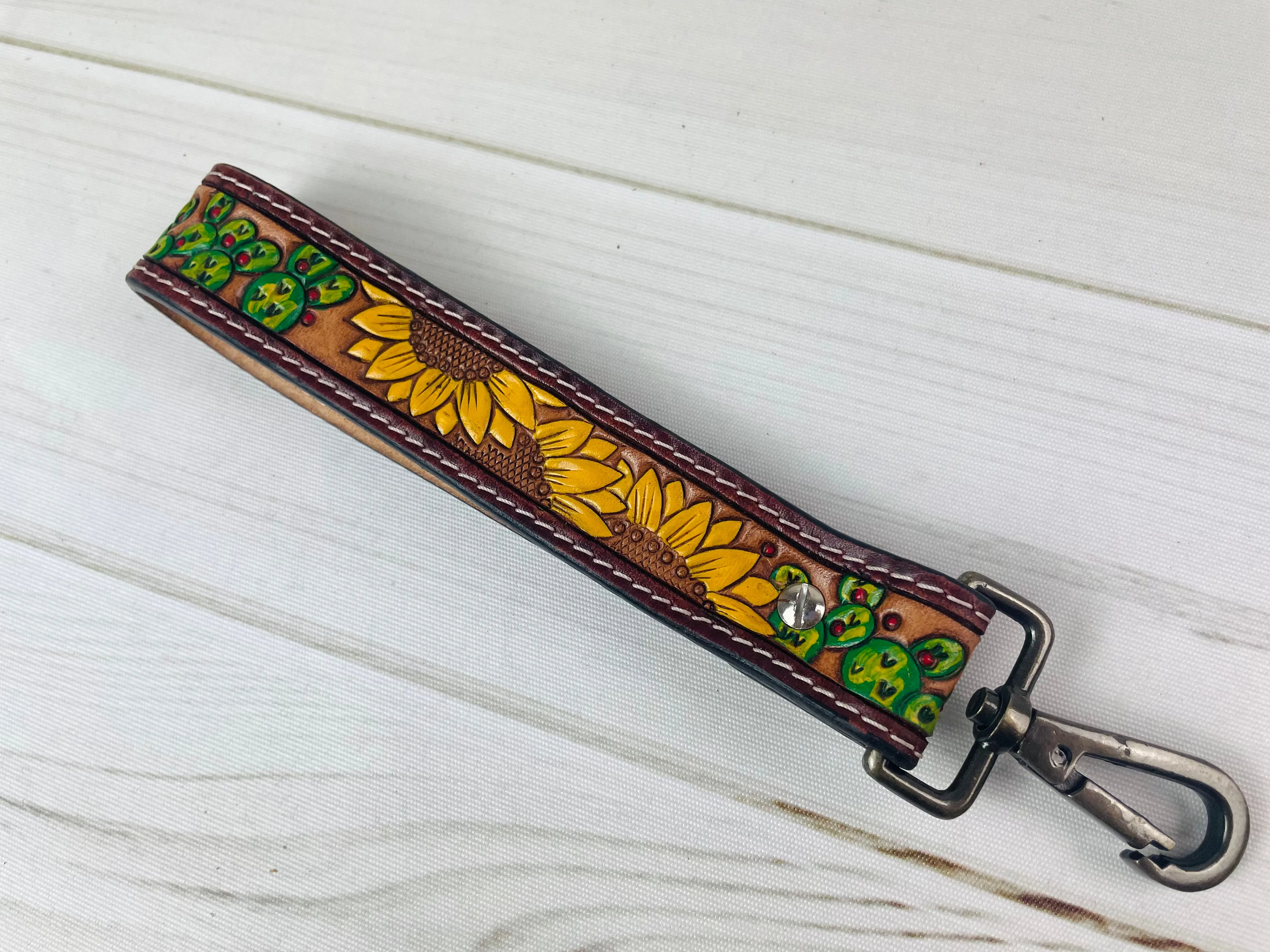 Triple Sunflower Cactus Tooled Wristlet Leather Keychain