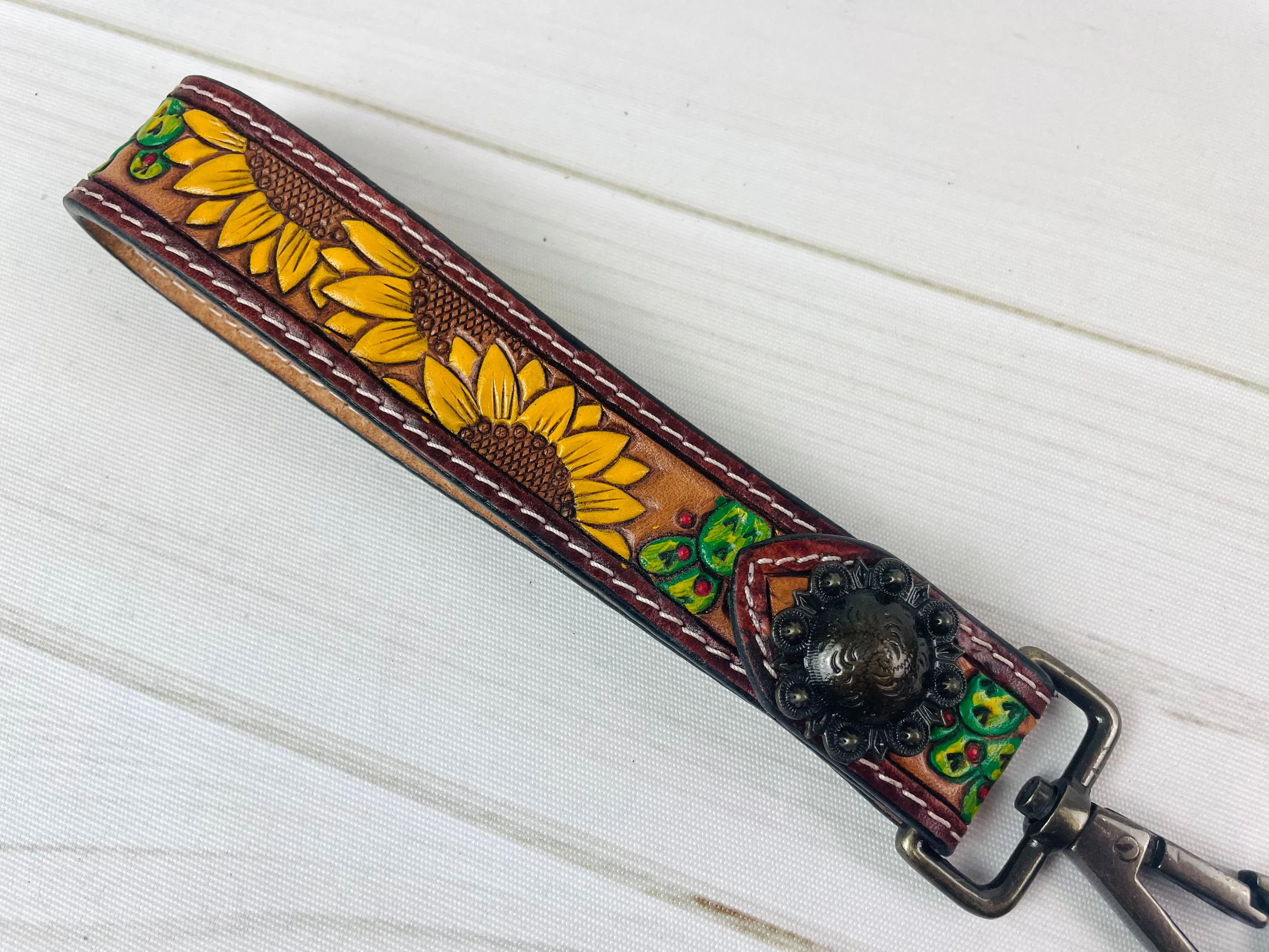 Triple Sunflower Cactus Tooled Wristlet Leather Keychain