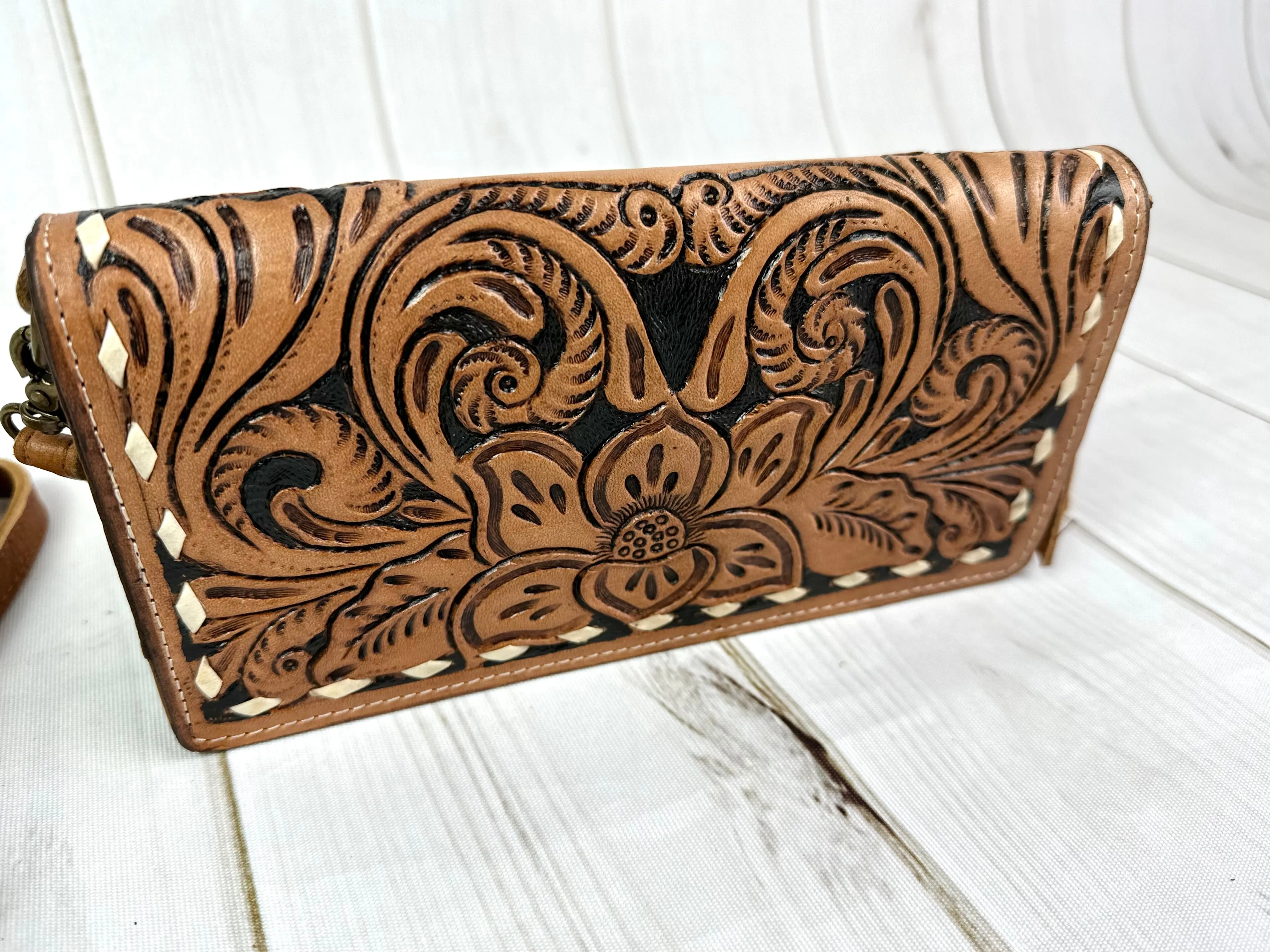 Tulip Tooled Leather Wallet Organizer Carryall