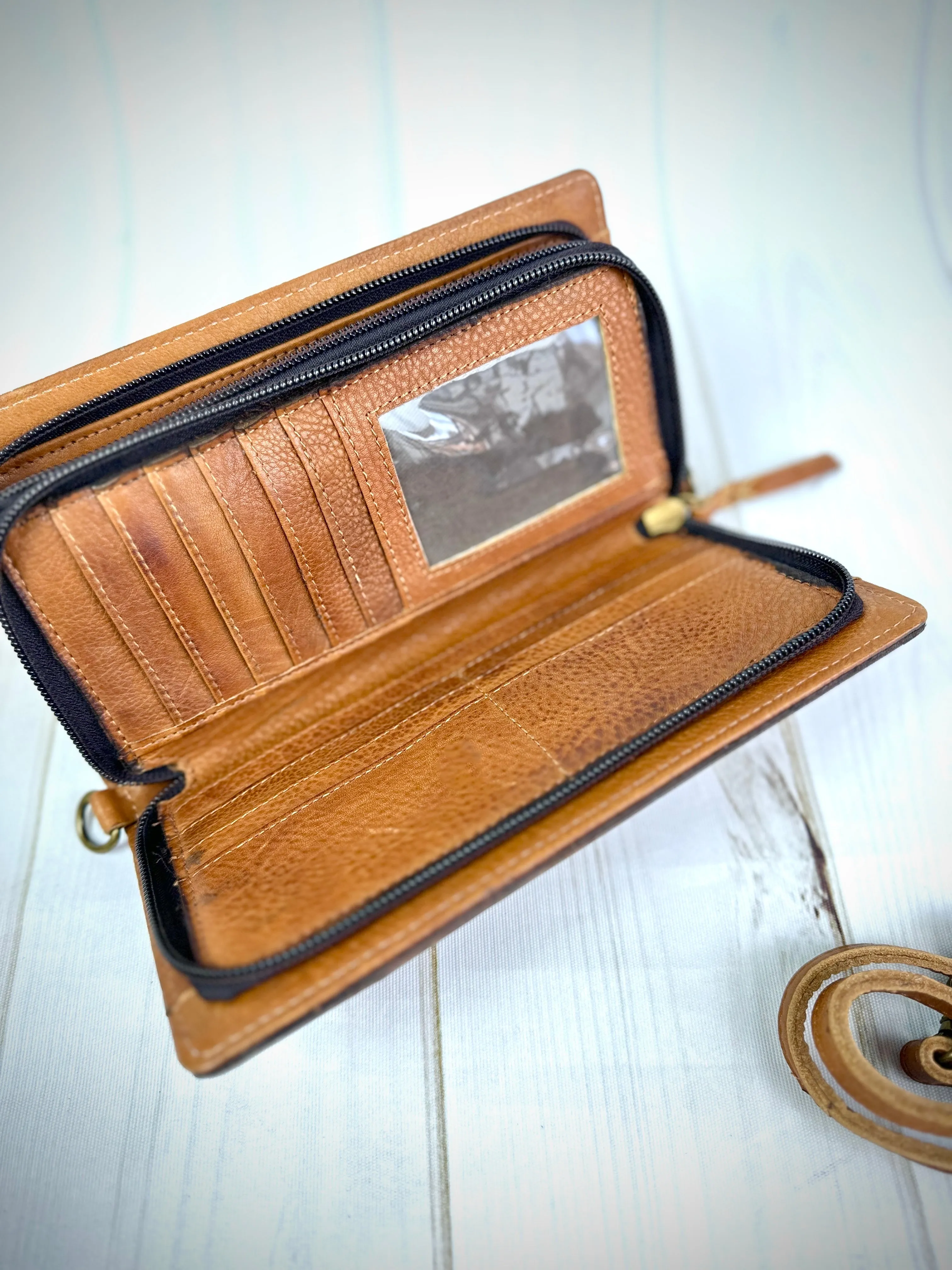 Tulip Tooled Leather Wallet Organizer Carryall