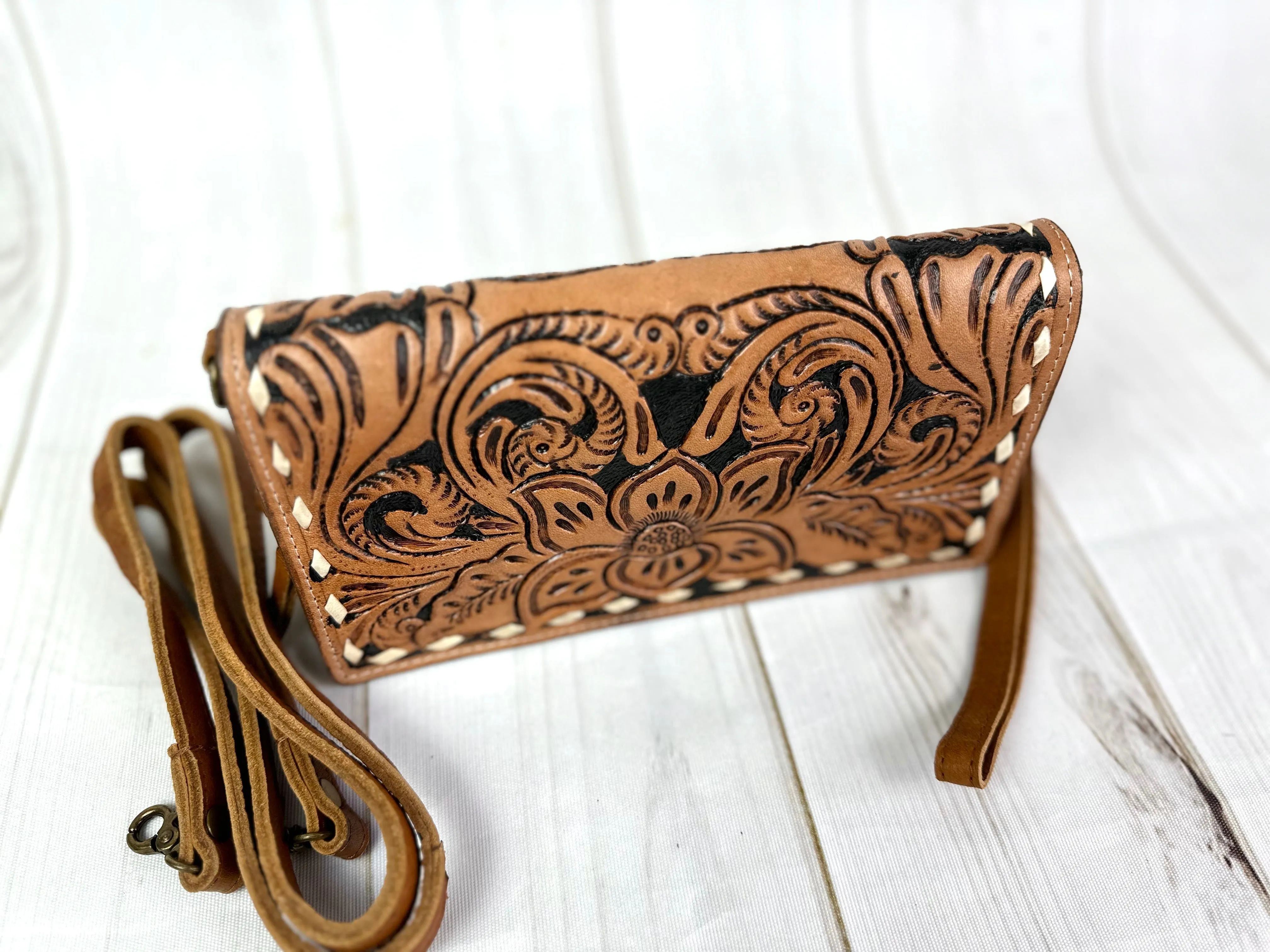 Tulip Tooled Leather Wallet Organizer Carryall