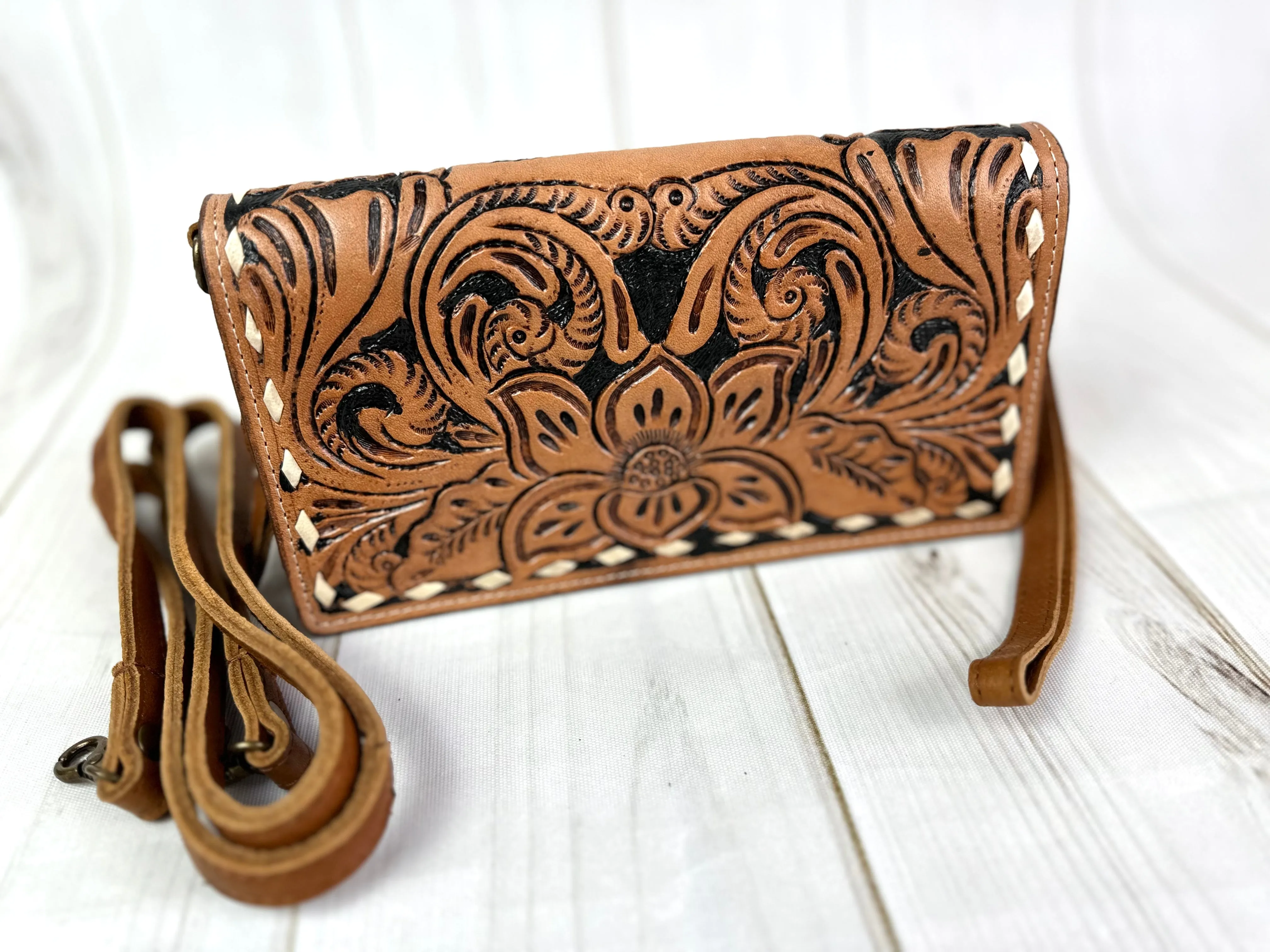 Tulip Tooled Leather Wallet Organizer Carryall