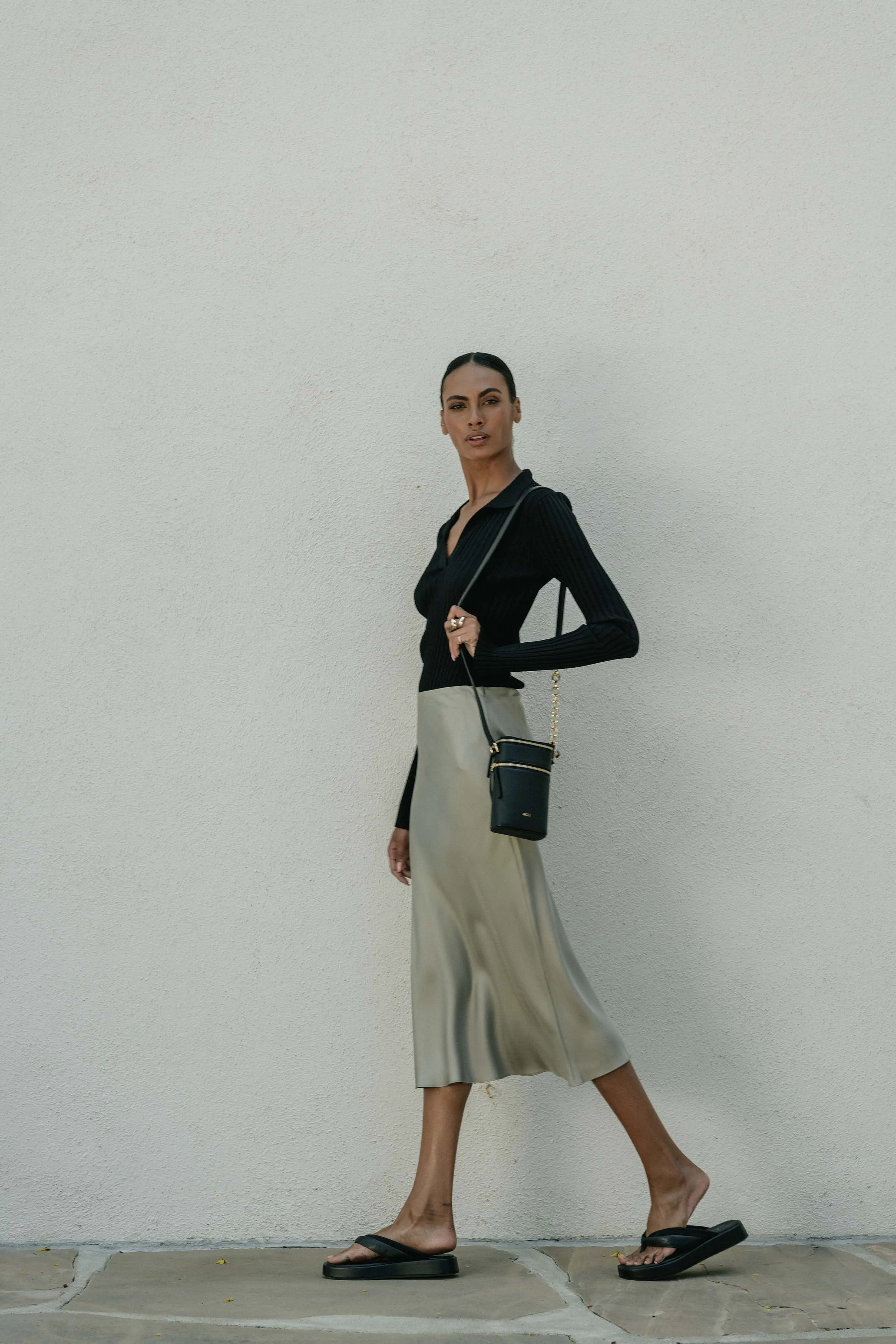 Veda Double Zipper Italian Leather Crossbody in Black