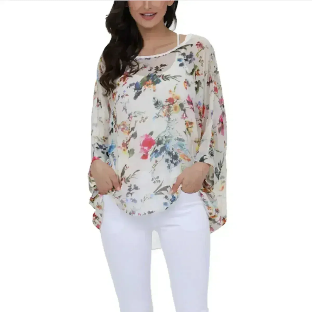 White Floral Chiffon Tunic Top - Summer Cover-Up | Femstylo