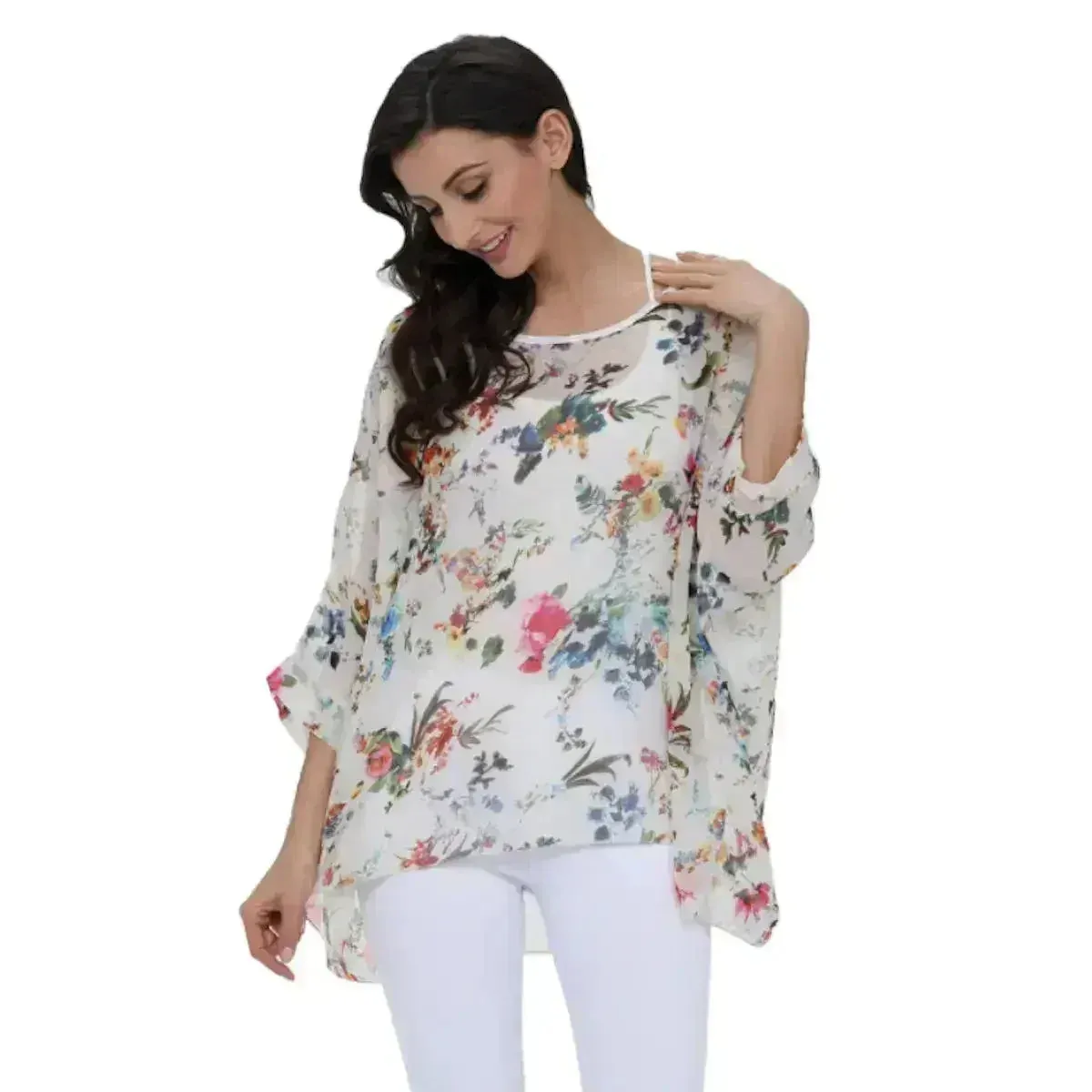 White Floral Chiffon Tunic Top - Summer Cover-Up | Femstylo
