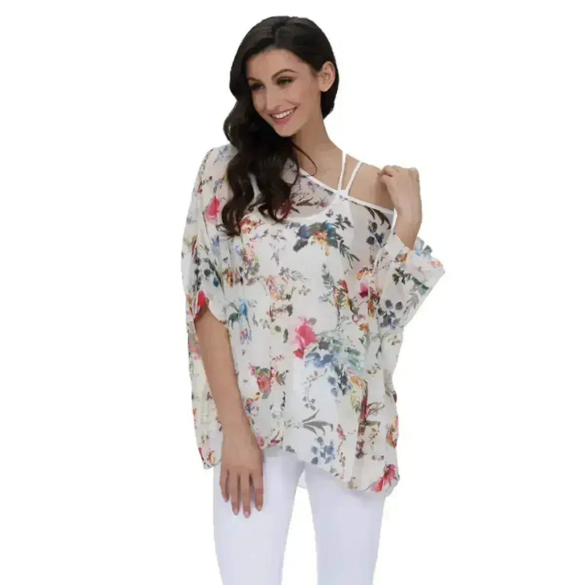 White Floral Chiffon Tunic Top - Summer Cover-Up | Femstylo