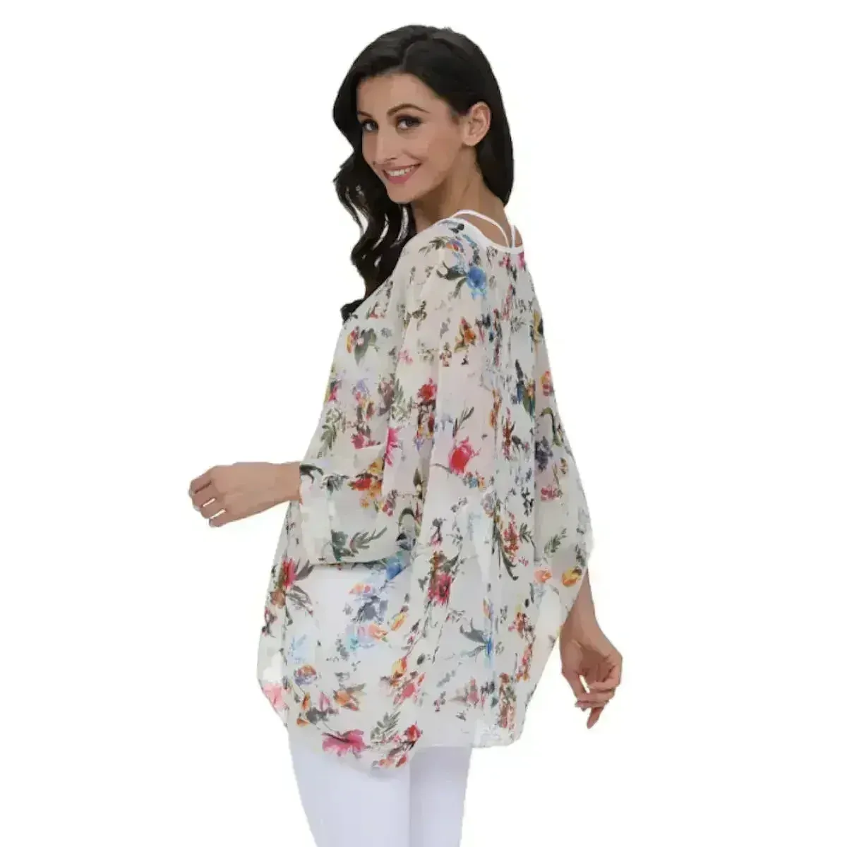 White Floral Chiffon Tunic Top - Summer Cover-Up | Femstylo