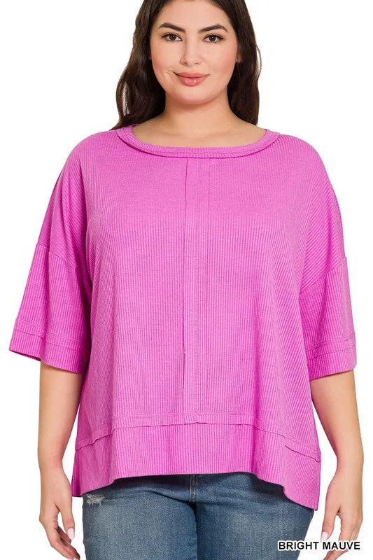 ZENANA Plus Rib Boat Neck Dolman Sleeve Top W Front Seam