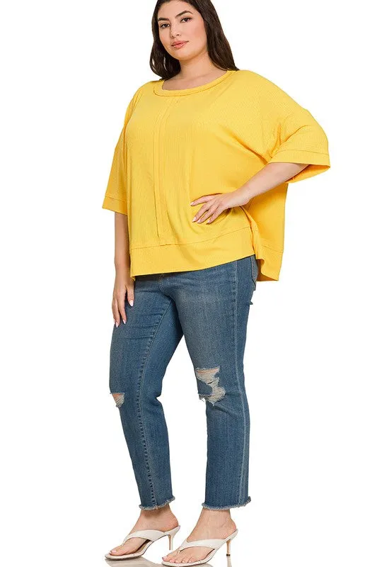 ZENANA Plus Rib Boat Neck Dolman Sleeve Top W Front Seam