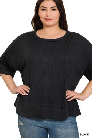 ZENANA Plus Rib Boat Neck Dolman Sleeve Top W Front Seam
