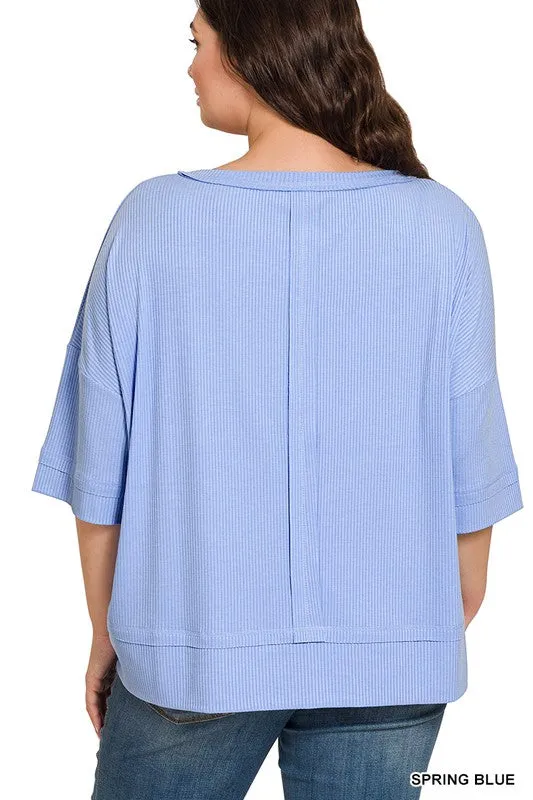 ZENANA Plus Rib Boat Neck Dolman Sleeve Top W Front Seam