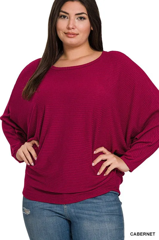 ZENANA Plus Ribbed Batwing Long Sleeve Boat Neck Sweater