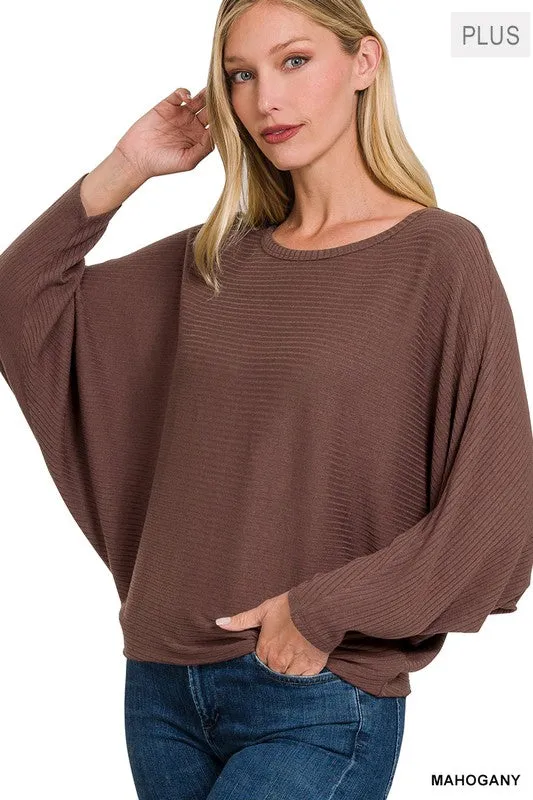 ZENANA Plus Ribbed Batwing Long Sleeve Boat Neck Sweater